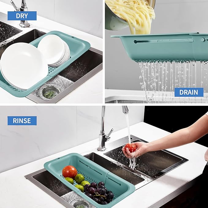 LASSHSWA Collapsible Colander and Strainer for Kitchen, Over the Sink Strainer Basket for Kitchen, Fruit Pasta Food Strainer Expandable Plastic Colander with A Sink Drain Strainer Stainless Steel