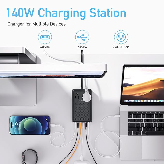 Charging Station 140W USB C Charger Block, Upgraded GaN III 8-in-1 Fast Charging Station Hub，PD 65W Laptop Charger Adapter Compatible with Compatible with MacBook Air/Pro,iPhone16/15,Galaxy S24 etc