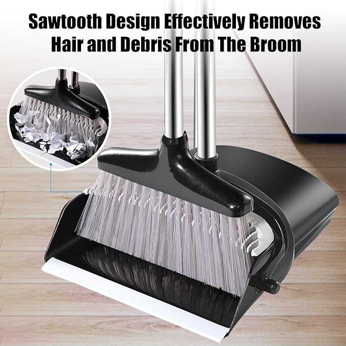 Broom and Dustpan Set with Long Handle and 6 Bonus Cleaning Tools, Upright Standing Combo with Self-Cleaning Teeth & Windproof Dustpan for Pet Hair, Home, Kitchen, Garage, Apartment