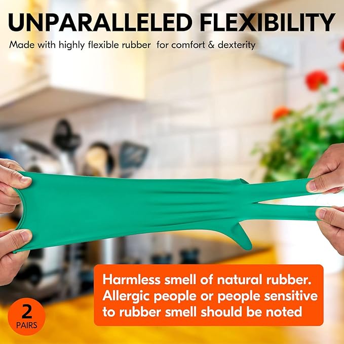Vgo... 2-Pairs Reusable Household Gloves, Rubber Dishwashing gloves, Extra Thickness, Long Sleeves, Kitchen Cleaning, Working, Painting, Gardening, Pet Care (Size XL, Green, HH4601)