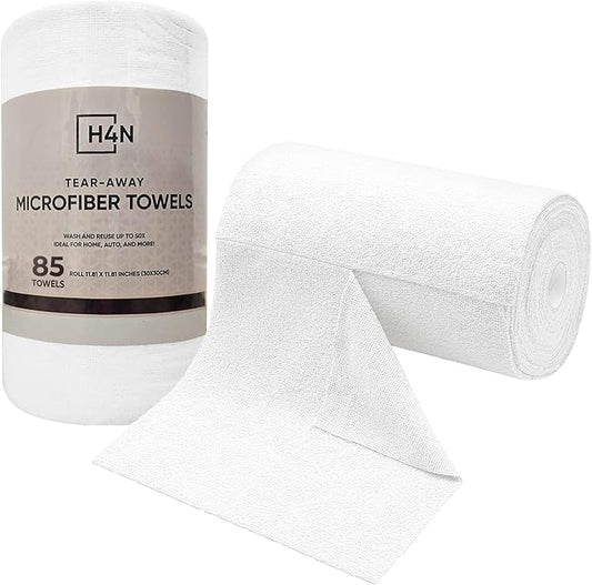 H4N Microfiber Cleaning Cloth Roll, 85 Pack Micro Fiber Wash Cloths for Car, Tear Away Towels, Ultra Absorbent Dish Rags, Non-Abrasive, Reusable and Washable Household Supplies, 11.81" x 11.81", White