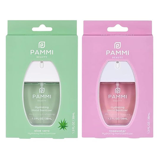 PAMMI Power Mist Hydrating Hand Sanitizer Spray, Portable Travel Size Pocket Hand Sanitizer, Scented Handsanitizer Mini Spray For Car - 600 Sprays (2 Pack (Aloevera, Rose))