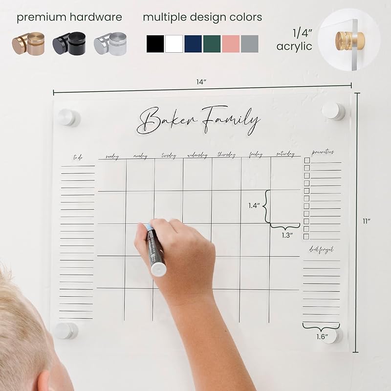 Personalized Clear Acrylic Calendar for Wall, Calendar Whiteboard for Wall, Dry Erase Wall Calendar, Wall Calendar Organizer System for Home (Cursive, Navy, 14"W x 11"H)