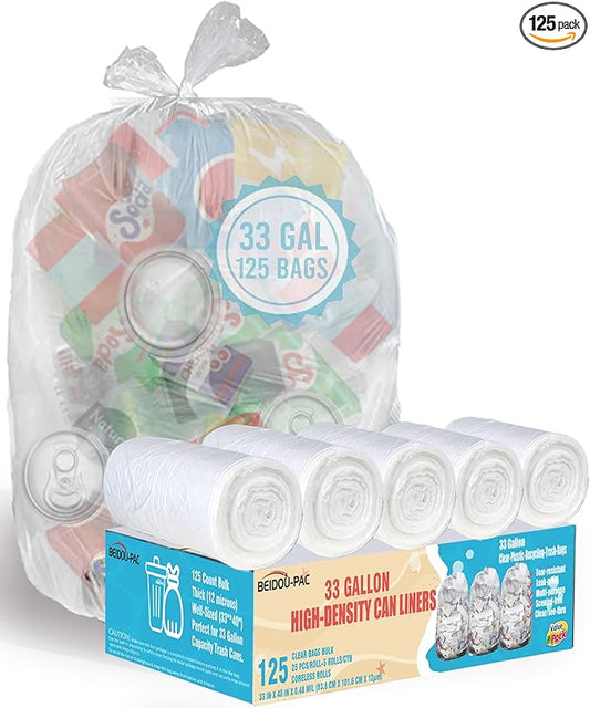 33 Gallon Trash Bags, 125 Count Bulk, Heavy Duty Clear Plastic Recycling Bags, Multi-purpose Garbage Bags for Home Commercial, Outdoor, Construction, Industrial, Lawn, Leaf