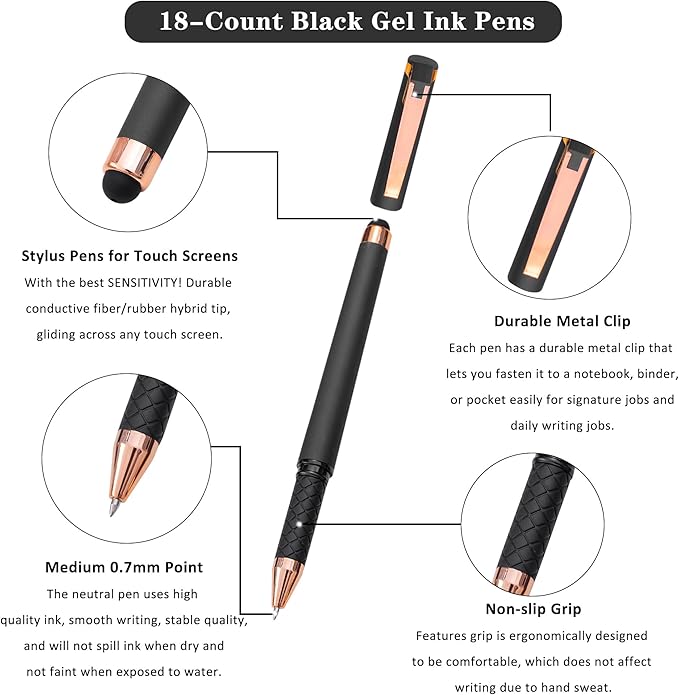 Linbsunne Black Gel Pens 0.7mm Medium Point Pen Office Pens 2-in-1 Stylus Pens for Touch Screens Gel Ink Rollerball Pens for Writing (18 Pack-grey)
