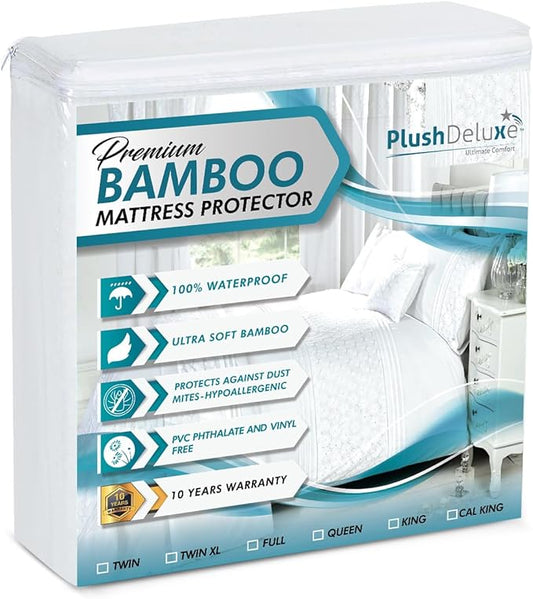 PlushDeluxe Premium Bamboo Mattress Protector – Twin XL Size, Waterproof, & Ultra Soft Breathable Noiseless Washable Bed Mattress Cover for Comfort & Protection - White
