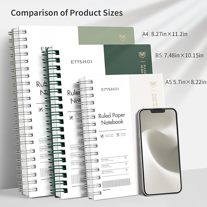 EMSHOI Lined Journal A4 Spiral Notebook, College Ruled Notebook, 300 Pages/150 Sheets, 100gsm Acid-Free Paper, Waterproof Softcover Notebook for School, Work, Writing, 8.27" × 11.2" - Light Green