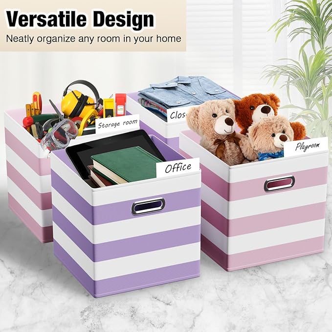6 Pcs Fabric Storage Cubes with Metal Handle Back to School Classroom Supplies 11 Inch Macaron Colored Striped Style Collapsible Bins Organizer for School Nursery(Purple, Pink)