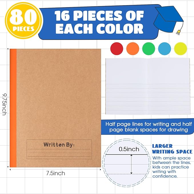 Henoyso 80 Pcs Primary Composition Notebook for Kids 9.75 x 7.5 Inch K-2 Primary Writing Journal with Rainbow Spine 60 Pages Draw and White Journal for Student Back to School Supplies