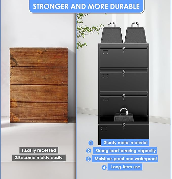 4 Drawer Lateral File Cabinet, Metal Wide Filing Cabinet with Independent Locks, Home Office Furniture for Hanging Files Letter/Legal/F4/A4 Size, Assembly Required, Black