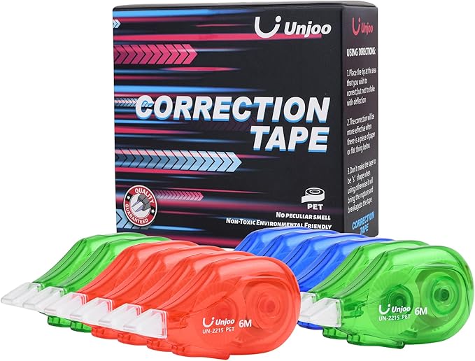 White Correction Tape Dispenser, 12-Count Pack, Easy To Use Applicator, Fast, Clean Tear-Resistant Tape For school Supplies, Office (6M/256, 3 colors, Tape Width 0.2in)