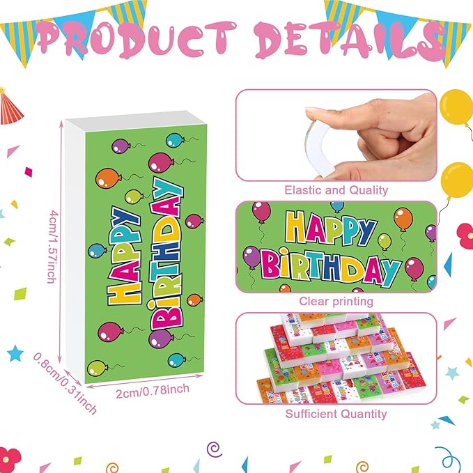 100 Pcs Happy Birthday Erasers Bulk Mini Erasers for Classroom Fun Assortment Birthday Gifts for Back to School Teacher Reward Party Supplies, 8 Styles, 1.6 Inch