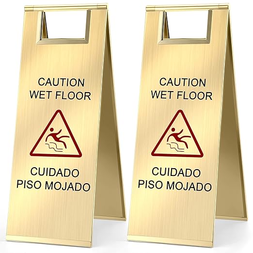 Kigley 2 Pcs Wet Floor Sign, 24 Inch Stainless Steel Caution Wet Floor Sign Double Sided Portable Foldable Bilingual Safety Warning for Hotel Market Restroom Restaurant Office (Gold)