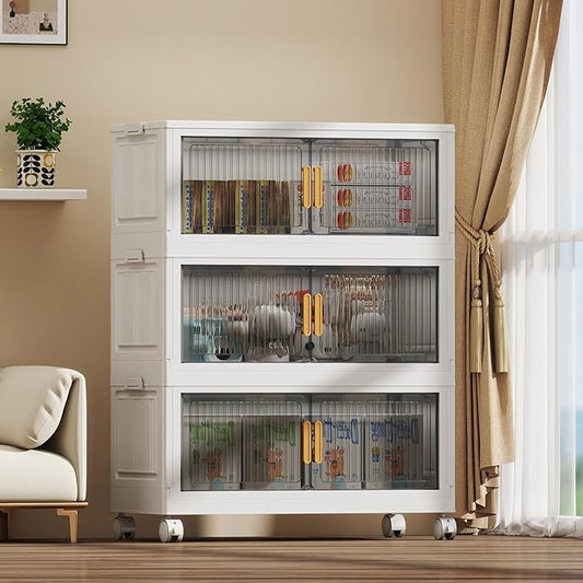 77Gal Stackable Plastic Storage Bins with Lids, Collapsible Closet Organizers and Storage with Wheels for Living Room,Office,Dorm, 30.5" W x 14.6" D x 40" H, 3 Tier