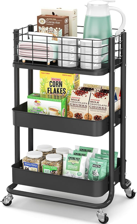 KINGRACK 3 Tier Rolling Cart, Metal Mobile Storage Shelf with Lockable Wheels, Utility Trolley Cart with Wheels, Storage Organizer for Kitchen, Office, Bathroom, Dorm, Black