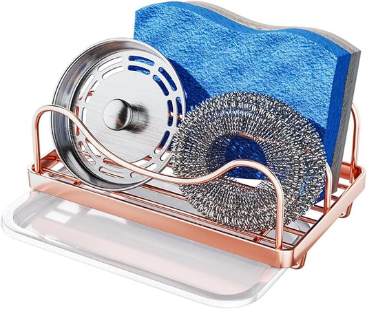 Consumest Sponge Holder for Kitchen Sink - Movable Sink Caddy for Countertop Organizer, 304 Stainless Steel Sponge Holder with Detachable Drip Tray for Kitchen Accessories, Rose Gold