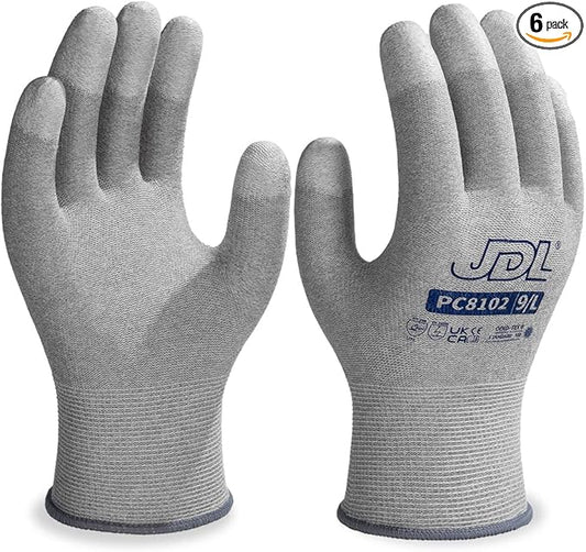 JDL ESD Work Gloves, Anti-Static Gloves for PC Building, 6 pairs, Computer Installation & Repair, High Resistance Carbon Fiber Gloves, Large