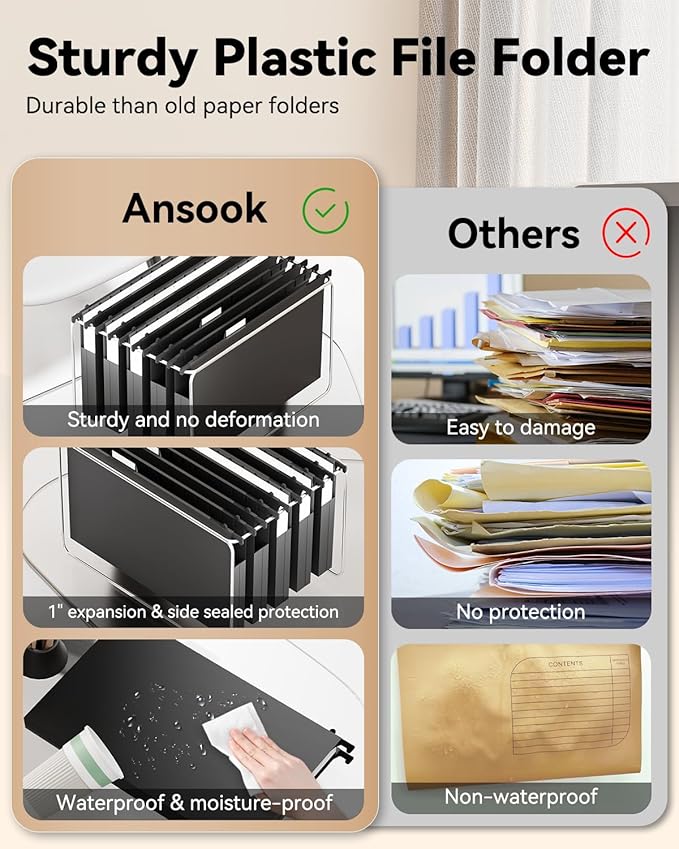 Ansook Plastic Legal Size Hanging File Folders,12 Pack Reinforced Expanding Hanging Folders,Heavy Duty 1” Expansion,Filing Cabinet Folders,Insertable Tabs,Color Coded File Organization,Assorted Color