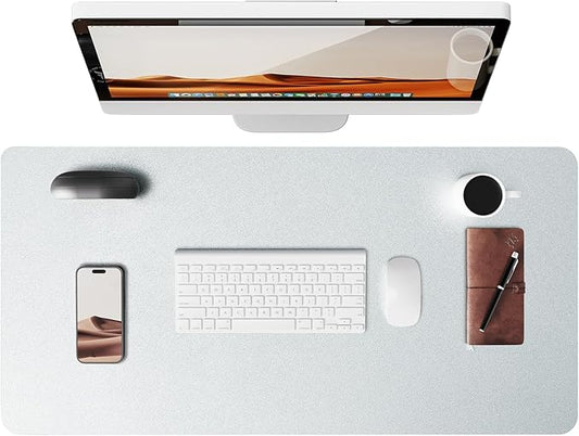 YSAGi Leather Desk Pad Protector, Office Desk Mat, Large Mouse Pad, Non-Slip PU Leather Desk Blotter, Laptop Desk Pad, Waterproof Desk Writing Pad for Office and Home (Silver, 35.4" x 17")