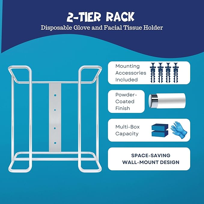 Disposable Glove and Facial Tissue Wire Rack, Dispenser, Wall Mount Design With Mounting Accessories Included, White Durable Metal Organizer Glove Dispenser for Home, Lab, Office and Food Service