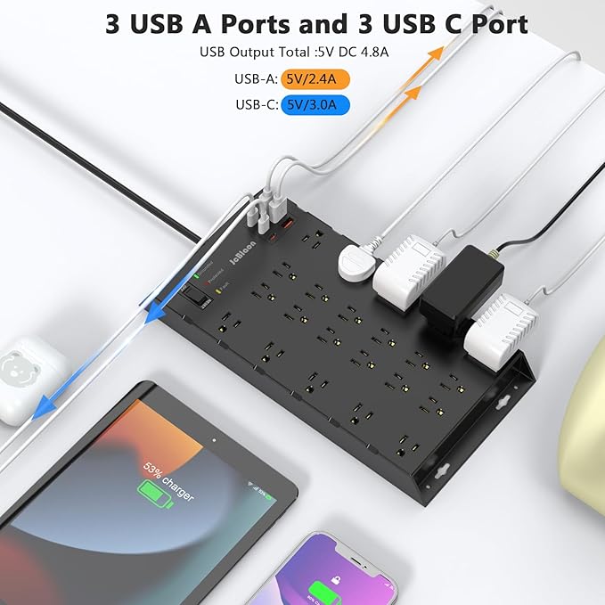 22 Outlets & 6 USB Big Power Strip, Jcblaon Surge Protector with 3USB C & 3USB A Charging Ports, 6.5ft Flat Plug Heavy Duty Extension Cord(1875W/15A)，2100J, 14AWG,Wall Mountable for Garden,Shed, Black