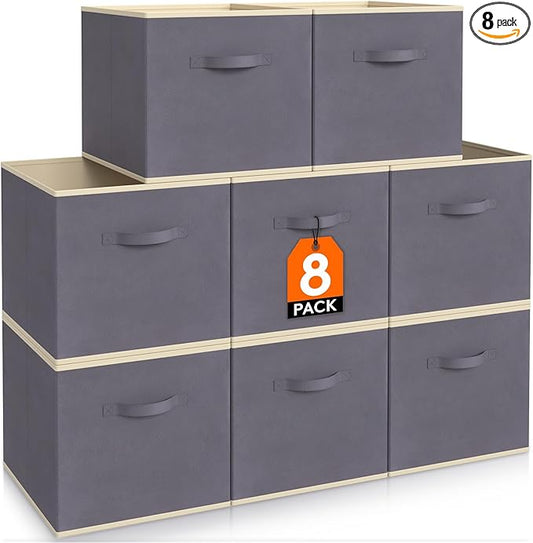 Lifewit 13 Inch Cube Storage Bins, Storage Cubes Foldable Medium Decorative Fabric Storage Baskets for Organizing Home Organizers with Handles for Shelves, Closet, Set of 8, 36L Grey
