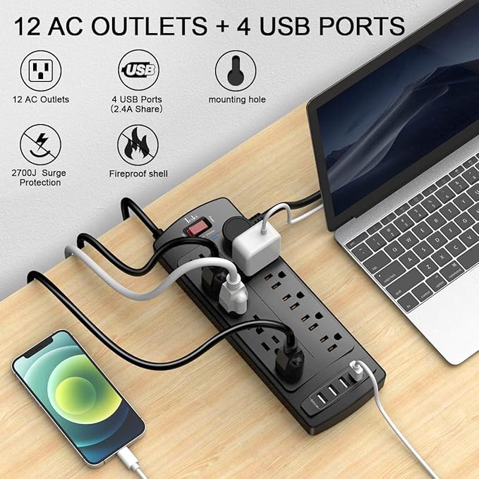 Power Strip, Tcstei Surge Protector with 12 Outlets and 4 USB Ports, 20 Feet Extension Cord (1875W/15A) for Home, Office, Dorm Essentials, 2700 Joules, ETL Listed, Black
