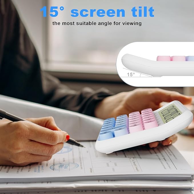 Mechanical Calculator 12 Digit Extra Large 5-Inch LCD Display, DECKLIT Battery Desk Calculator, Big Buttons Easy to Press Office Calculators Desktop, 15°Tilt Screen for Kids Calculator(Colourful)