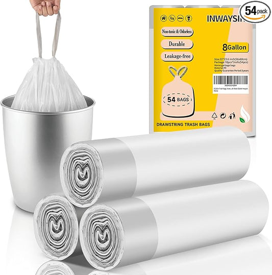 8 Gallon Trash-Bags Drawstring Kitchen-Garbage-Bag Unscented - White Plastic 54 Count Recyclable Restroom Liners Strong Compactor Can Tall Large Recycle Waste Basket Inwaysin