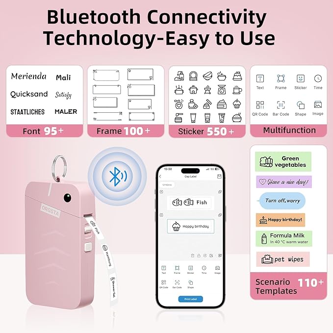 ORGSTA S001 Label Maker Machine with Tape, Portable Bluetooth Label Maker for Home and Office Organization, Thermal Label Printer Mini Sticker Maker with Multiple Templates, Pink
