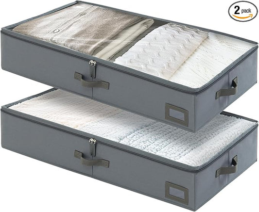 6-Inch Under Bed Storage Containers (2-Pack) | Sturdy Sidewalls | Clear Cover & Label Holder | Foldable Closet Organizer | Stores Clothing/Blankets/Sweaters/Sheets