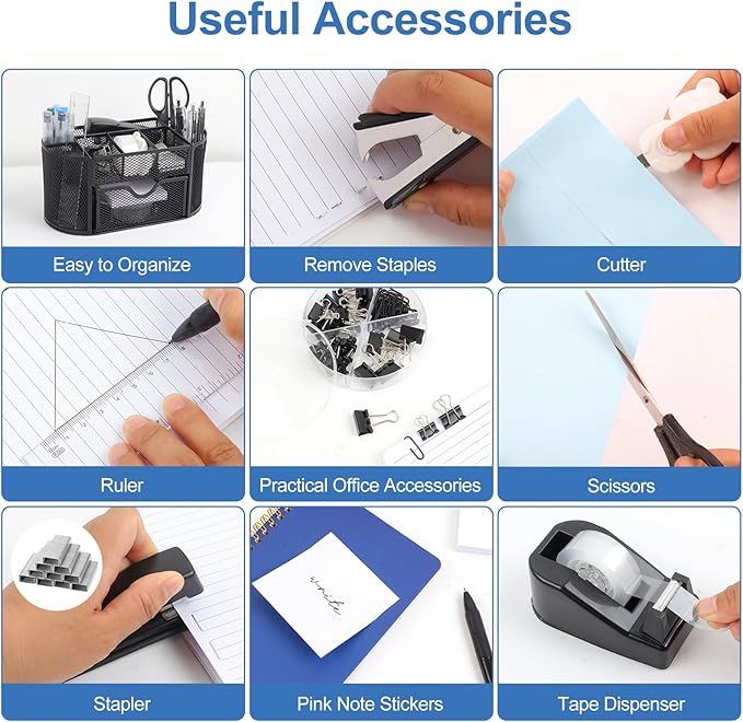 Office Supplies for Desk,14pcs Black Desk Sets and Accessories, Office Supply Kit with Mesh Desktop Organizer and Stapler,Staple Remover, Staples,Tape Dispenser,Sticky Tabs,Scissors, Ruler