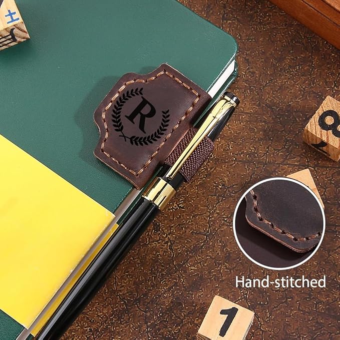 Custom Bookmark with Pen Holder with 26 Letters Personalized Magnetic Leather Book Mark, Customized Name Book Marker Clip with Initial for Men Women, Gifts for Book Lovers, Readers, (Red, F)