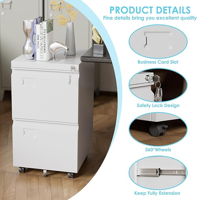 2 Drawer Mobile File Cabinet with Lock,Under Desk Metal Filing Cabinets for Home Office Fits Letters/Legal/A4 Size Folder, Assembly Required, White