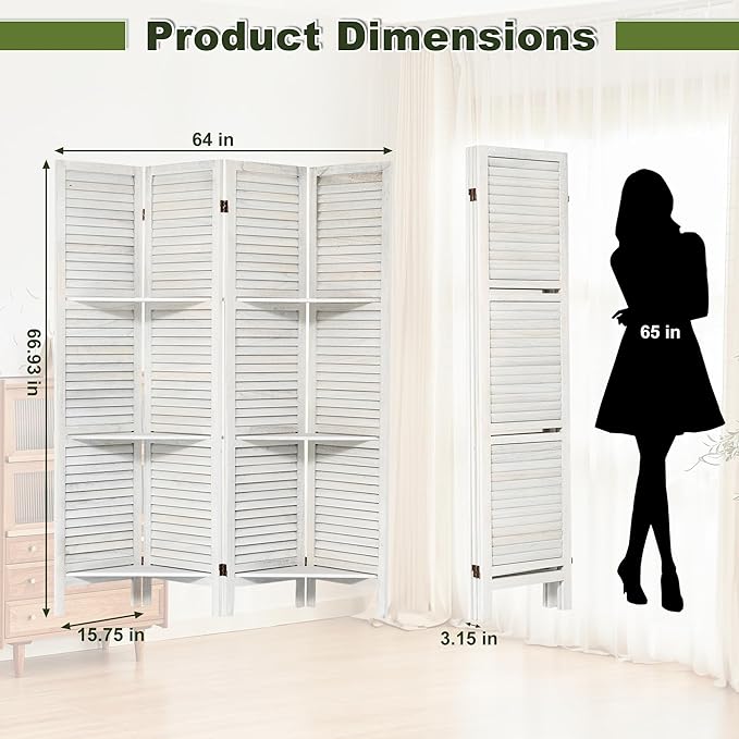 NicBex 4 Panel Room Divider,5.6FT Wood Carved Room Dividers with Display Shelves Folding Privacy Screens Portable Freestanding Partition Wall Dividers for Room Separation,Home Bedroom Office,White