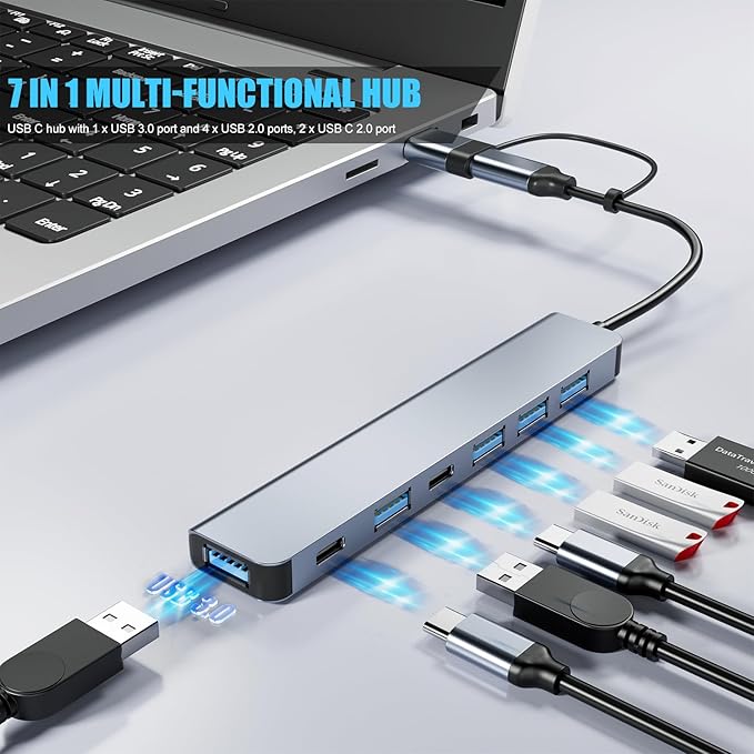 PANPEO Aluminum 7 in 1 USB C & USB Hub with USB 3.0, USB 2.0 Ports for PC/Laptops/MacBook Pro/Air/iMac/iPad and More Devices