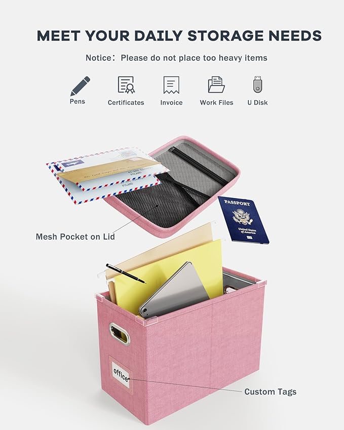 Oterri File Organizer With Lid, Hanging Filing Box With Mesh Pocket, Document Organizer for Letter Files, Portable Storage With Smooth Sliding Rail for Office & Home (2 PCS, Pink)