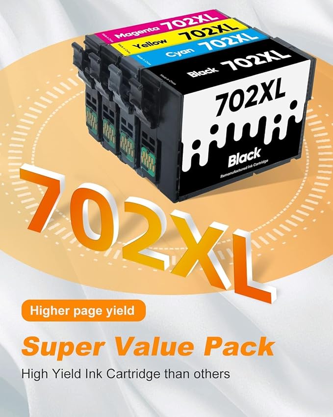 MILEKO 702XL Ink Cartridges Remanufactured Replacement for Epson 702XL 702 702 XL T702XL use with Workforce Pro WF-3720 WF-3730 WF-3733 Printer (1 Black 1 Cyan 1 Magenta 1 Yellow,4 Pack High Yield)