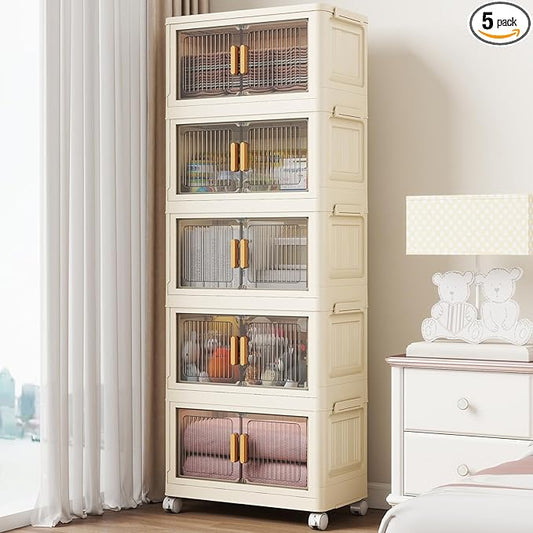 5 Tier Stackable Plastic Storage Bins with Lids 58QT, Collapsible Closet Organizers and Storage with Wheels for Living Room,Office,Dorm