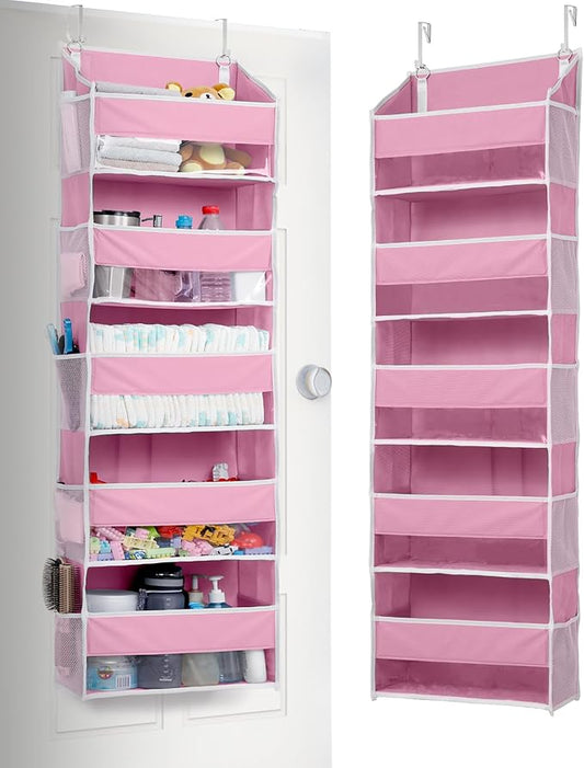 ULG 1 Pack Over Door Organizer with 5 Large Pockets 10 Mesh Side Pockets, 44 lbs Weight Capacity Hanging Storage Organizer with Clear Window Kids Toys, Shoes, Diapers, Pink