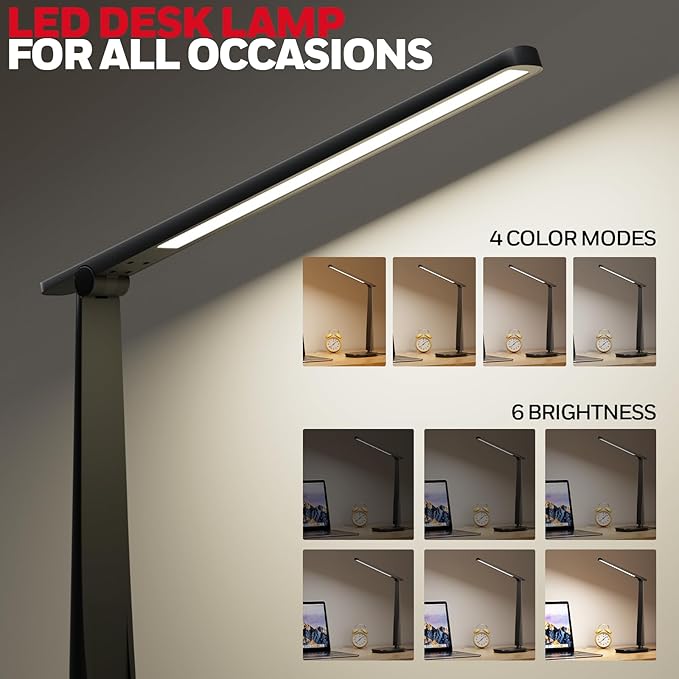 HONEYWELL Desk Lamp for Home Office, Dimmable LED Desk Light with USB A+C Dual Charging, 4 Modes Brightness Touch Lamp with Timer, Eye Caring Foldable Reading Light, Table Lamp for Study Nightstand
