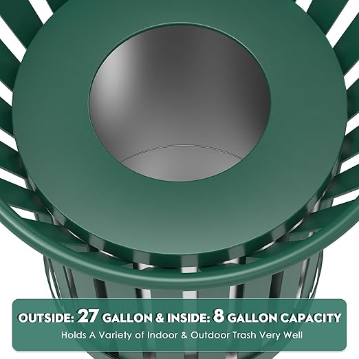 Round Heavy Duty Outdoor Trash Can, Large Metal Slatted Garbage Can for All Weather Resistant, Commercial Garbage Cans, Waste Receptacle in Park, Beach, Patio (Green, Medium)