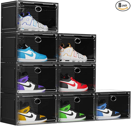 KEFA XL Shoe Storage Box Organizer, 8 Pack Shoe Boxes Clear Plastic Stackable, Sneaker Display Case Container Fit for US 13 (Side 8 PACK BLACK)