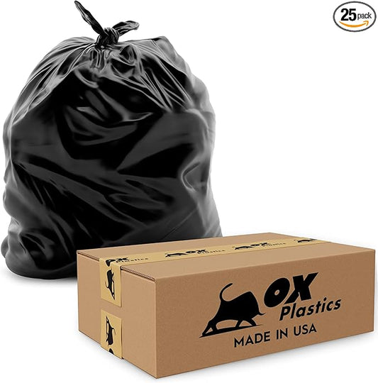 Ox Plastics Trash Can Liners Bags - 60 Gallon Capacity & 2mil Thick Extra Heavy Duty Strength - Large Garbage, Leak-Proof & Durable, House & Commercial Use Bags Black - 25 Count
