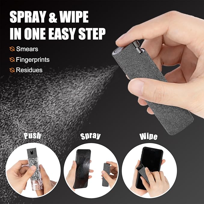 walrfid 2pcs Car Screen Cleaner, Computer Screen Cleaner Spray and Wipe, Laptop Cleaning Mist Kit for Electronic iPad, iPhone, Phone, MacBook, TV, Monitor, Tablet Display, with Graffiti Case, Grey