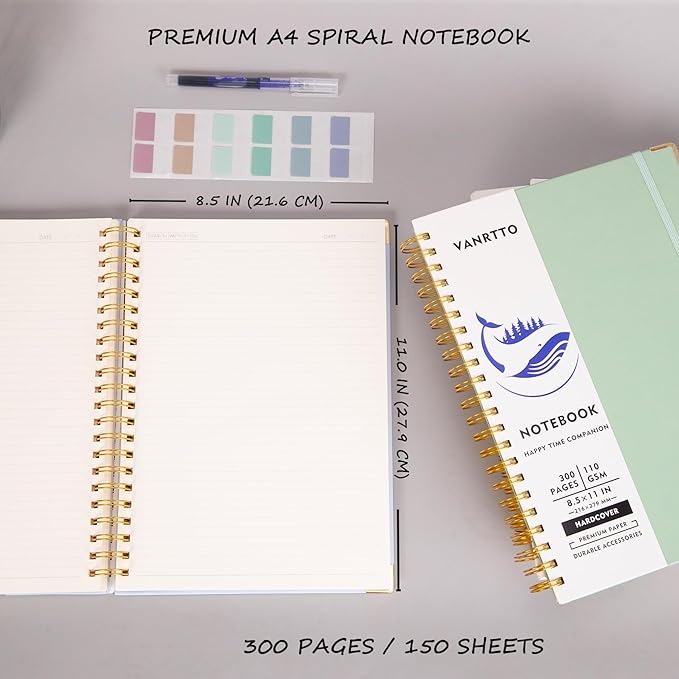 Spiral Notebook, Hardcover 8.5 x 11 IN College Ruled Notebooks, 300 Pages Notebooks for Work and School, 110 GSM Thick Papers Journals for Writing, Office Supplies for Women and Men Green