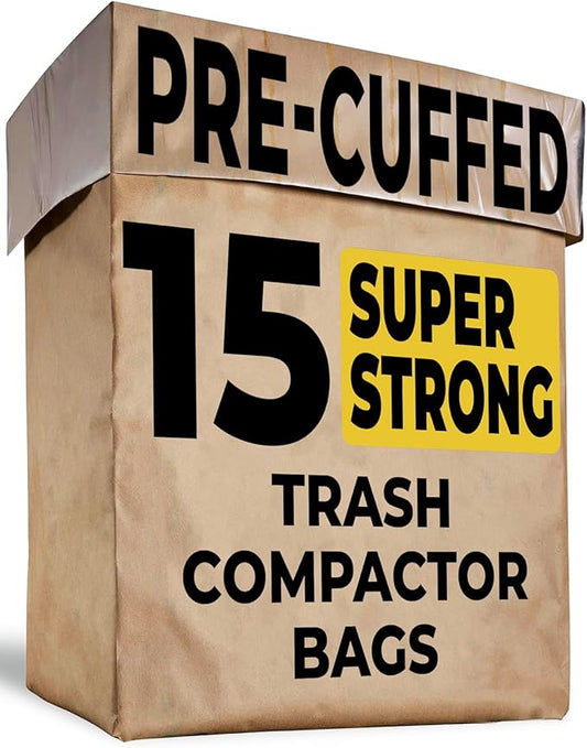 Trash Compactor Bags for Kitchen - 15 PACK - Pre-Cuffed, Super Strong & Heavy Duty Kitchen Trash Bags with Leak Proof Plastic Liner, Fits GE Model Compactors with Rectangular Containers
