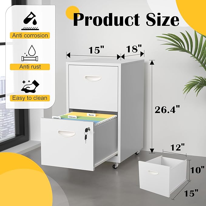 2 Drawer File Cabinet with Lock，White Rolling File Cabinet for Home Office, Metal Small Mobile Filing Cabinets on Wheels for Hanging Letter