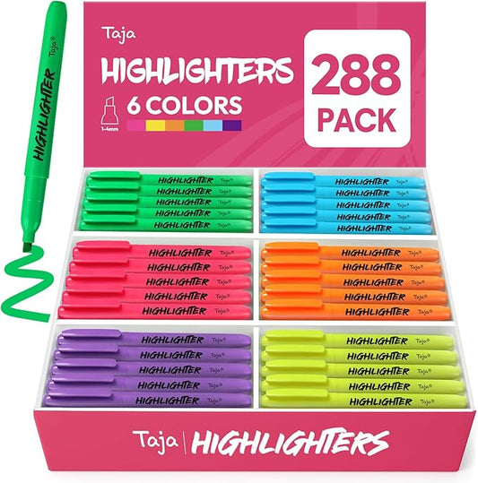 Taja 288 Pack Highlighters Bulk Assorted Bright Colors, 6 Colors Chisel Tip Highlighters Markers Set with No Bleed Ink, Perfect for School & Office Supplies
