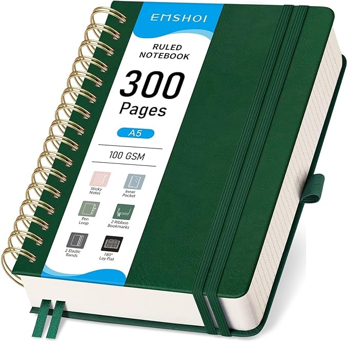EMSHOI A5 Leather Hardcover Spiral Notebook College Ruled, 300 Numbered Pages, 100GSM, Lined Journal for Women Men, Work, Writing, Note-Taking, Journaling – Dark Green, 5.7”x8.22”